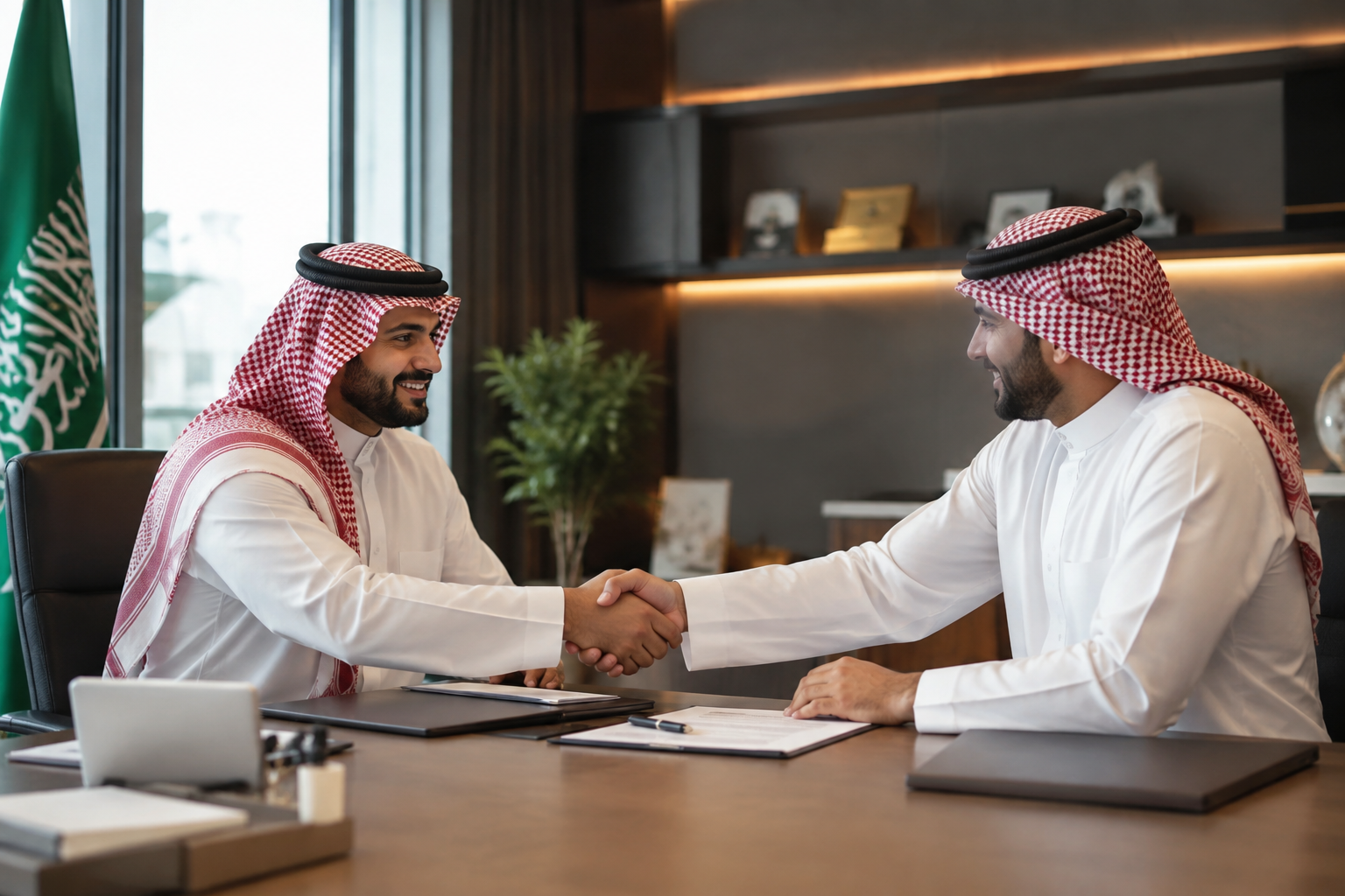 رجال أعمال سعوديون يتصافحون خلال اجتماع في مكتب حديث
